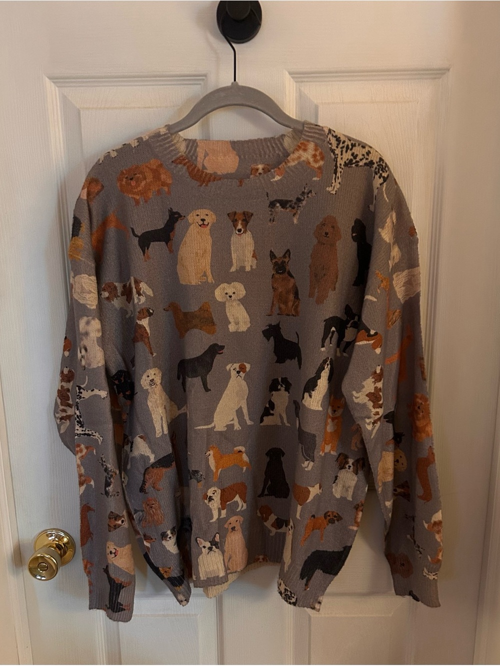 Dog Print Crewneck Sweater in Gray with Multicolor Puppies - Picture 2 of 4